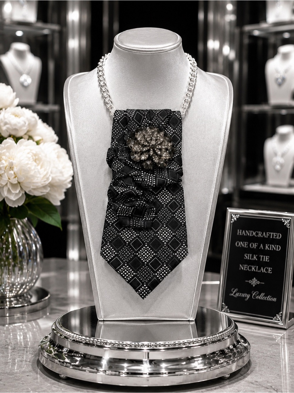 One of a Kind Black Tie Necklace | Wearable Art Statement Jewelry